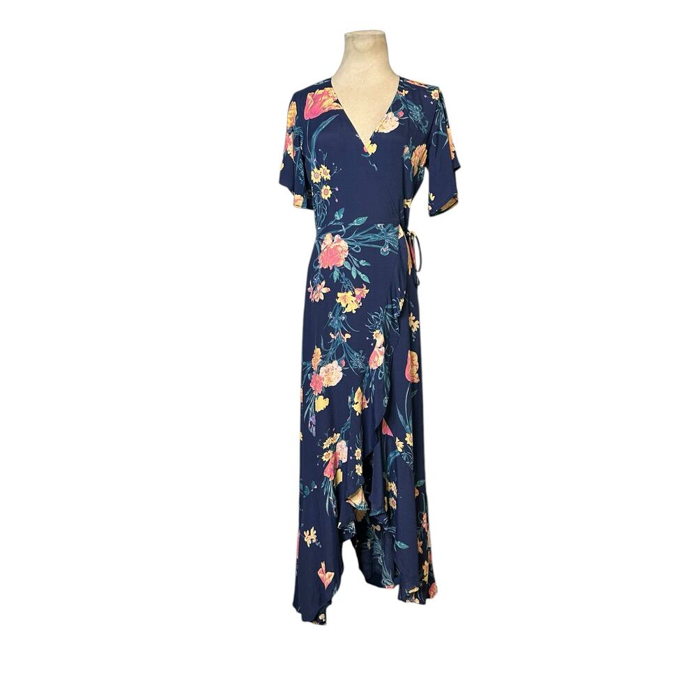 Leith blue floral short sleeves true wrap hi low dress size XS